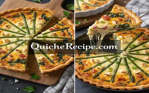 Asparagus and spring onion quiche with slender asparagus spears arranged on top of a creamy egg filling