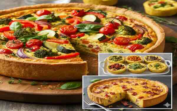 Golden crustless quiche with melted cheese and visible bacon pieces, sliced to show creamy custard interior