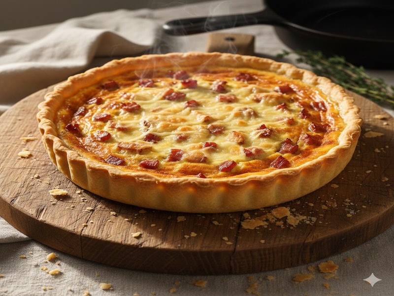 A golden-brown Quiche Lorraine fresh from the oven, with a flaky pastry crust and creamy egg custard studded with crispy lardons and melted Gruyère