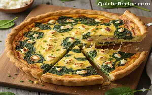 Spinach and feta quiche with vibrant green spinach leaves visible through the golden custard top