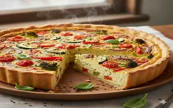 Golden vegan quiche with colorful vegetables and creamy tofu custard, sliced to show texture